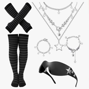 Black Striped Thigh-High Socks & Star Accent Sunglasses Set - Women Accessories